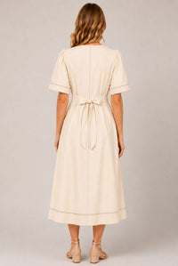 Cream Contrast Stitch Gathered Sleeve Midi Dress