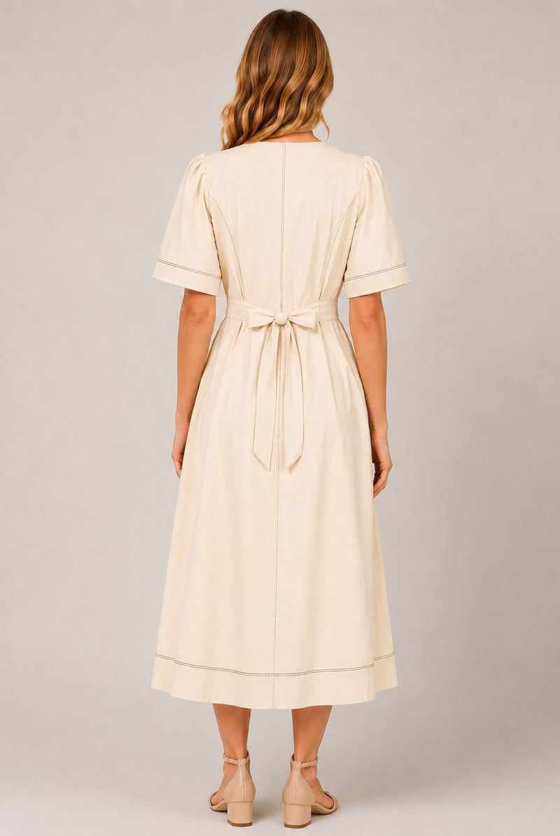 Cream Contrast Stitch Gathered Sleeve Midi Dress