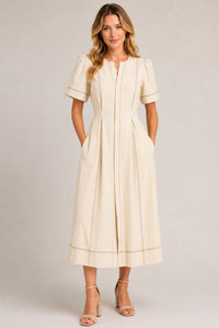 Cream Contrast Stitch Gathered Sleeve Midi Dress