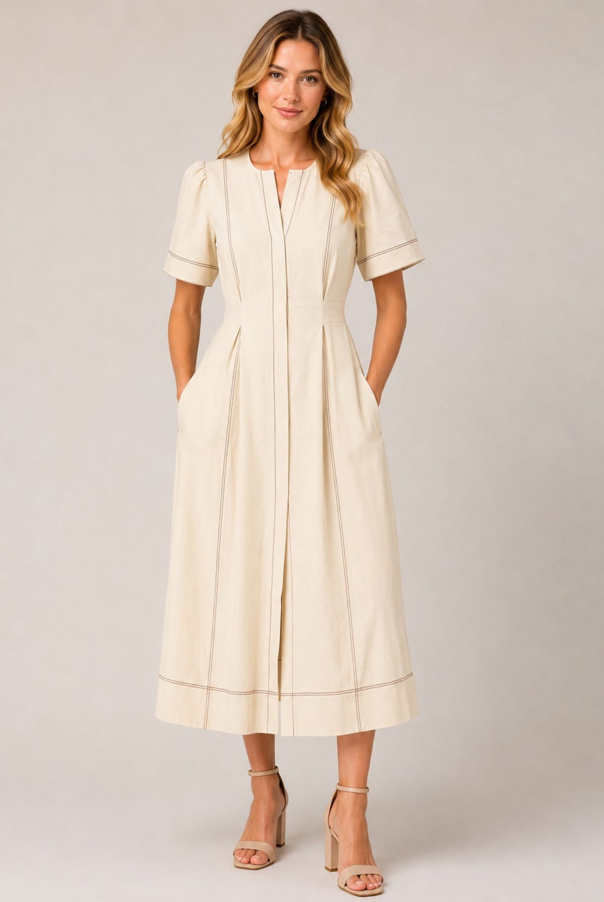 Cream Contrast Stitch Gathered Sleeve Midi Dress