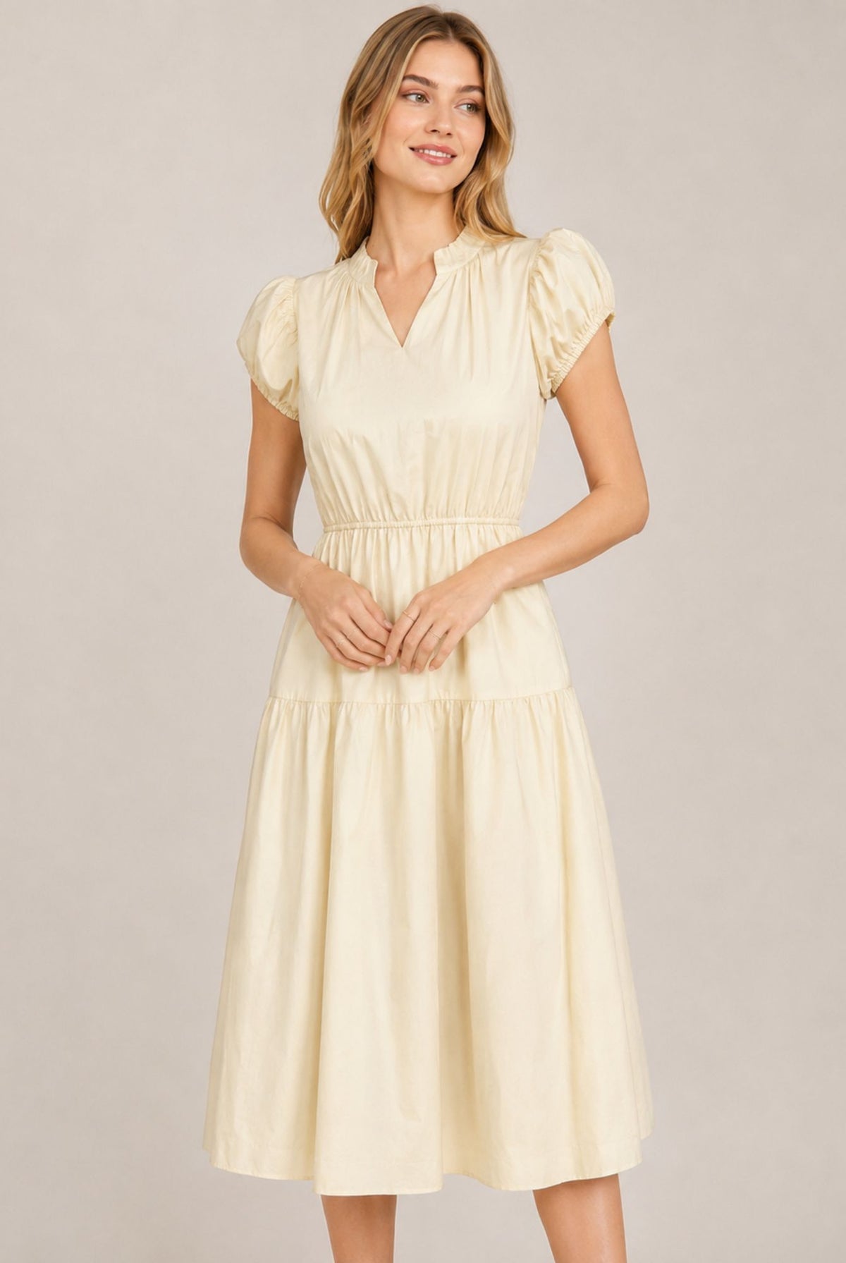 Cream Puff Sleeve Ruffle Neck Tiered Midi Dress