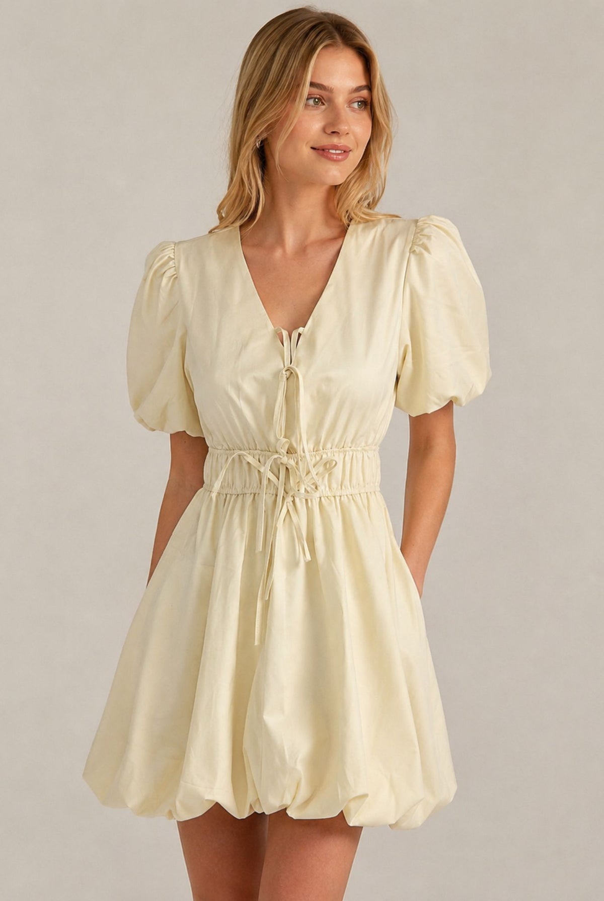 Cream Puff Sleeve Tie Front Ruched Waist Mini Dress
