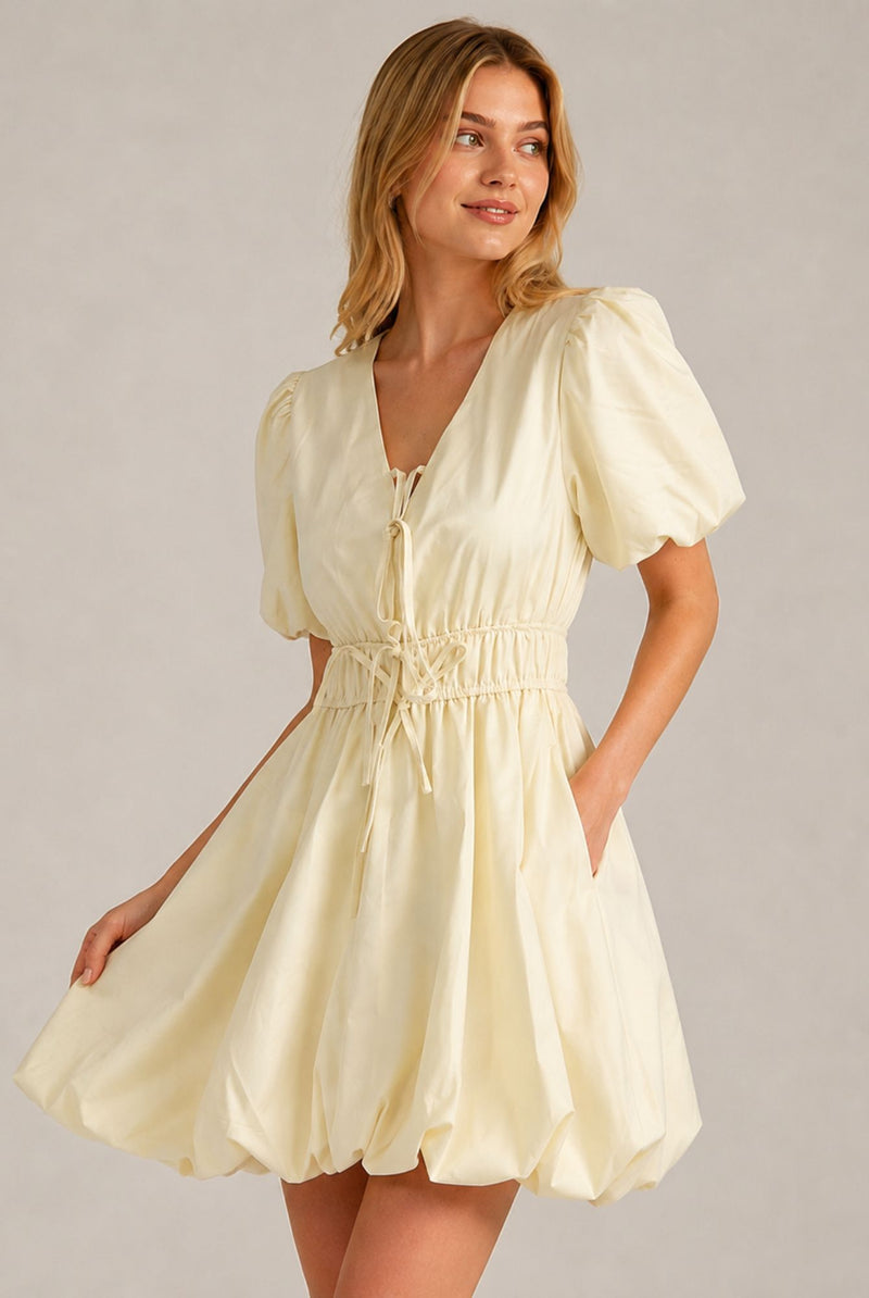 Cream Puff Sleeve Tie Front Ruched Waist Mini Dress