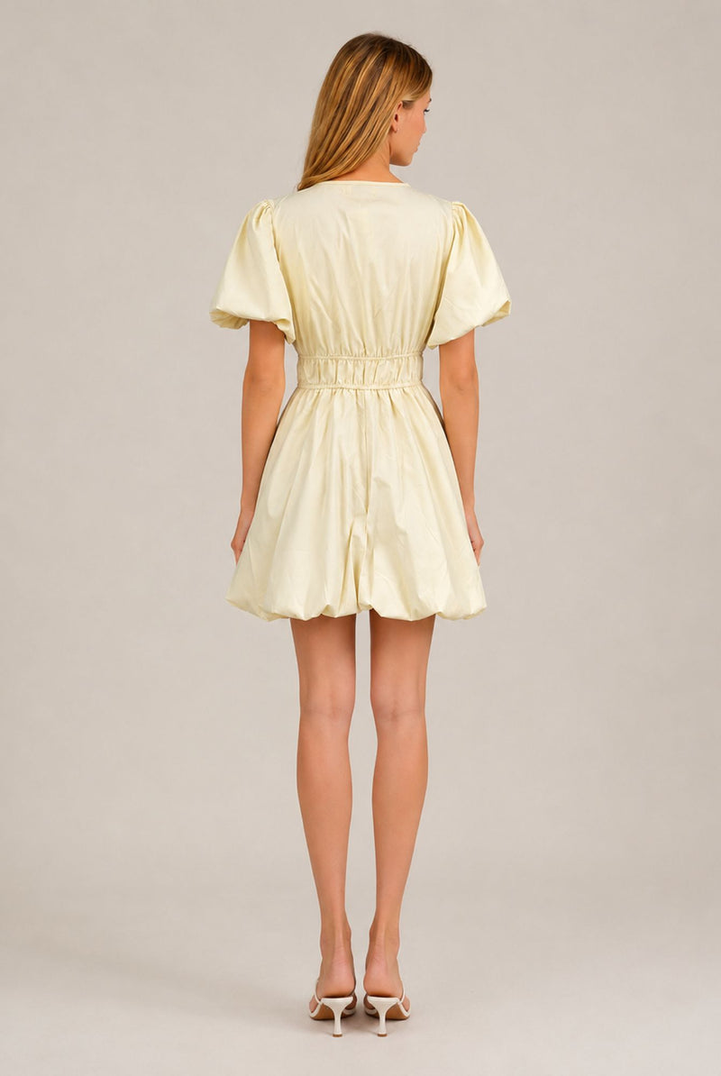 Cream Puff Sleeve Tie Front Ruched Waist Mini Dress