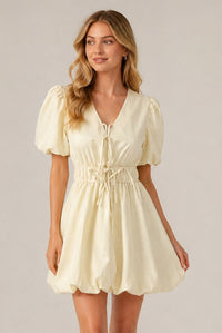 Cream Puff Sleeve Tie Front Ruched Waist Mini Dress