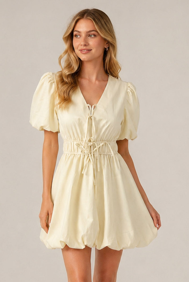 Cream Puff Sleeve Tie Front Ruched Waist Mini Dress