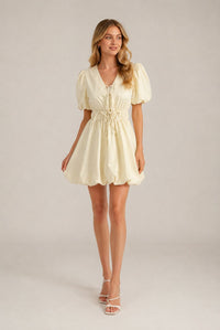 Cream Puff Sleeve Tie Front Ruched Waist Mini Dress