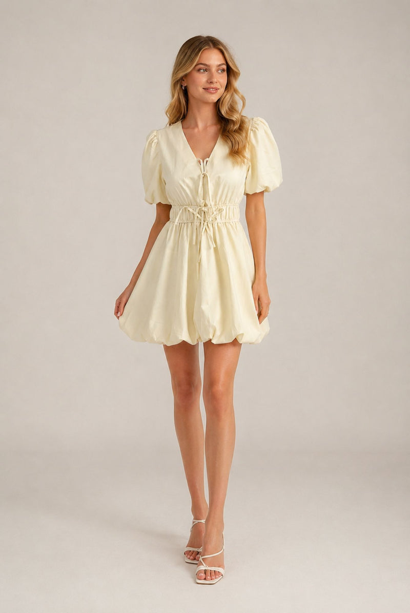 Cream Puff Sleeve Tie Front Ruched Waist Mini Dress