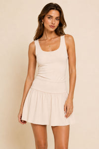 Cream Ribbed Waist Detail Sleeveless Drop Waist Mini Dress