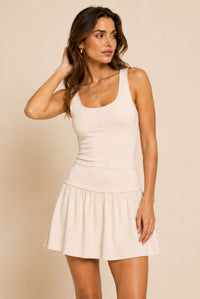 Cream Ribbed Waist Detail Sleeveless Drop Waist Mini Dress