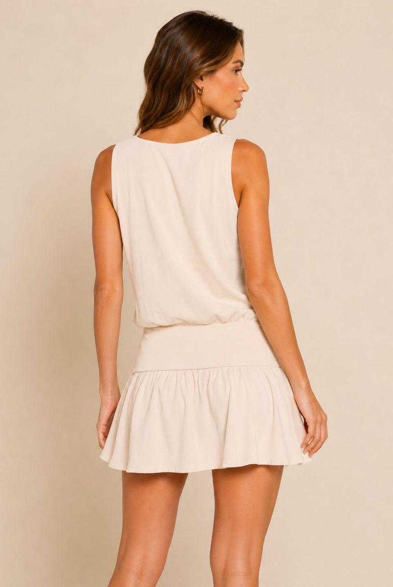 Cream Ribbed Waist Detail Sleeveless Drop Waist Mini Dress