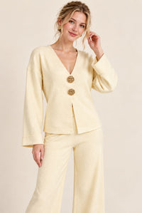 Cream V-Neck Button Front Cardigan Wide Leg Trousers Set