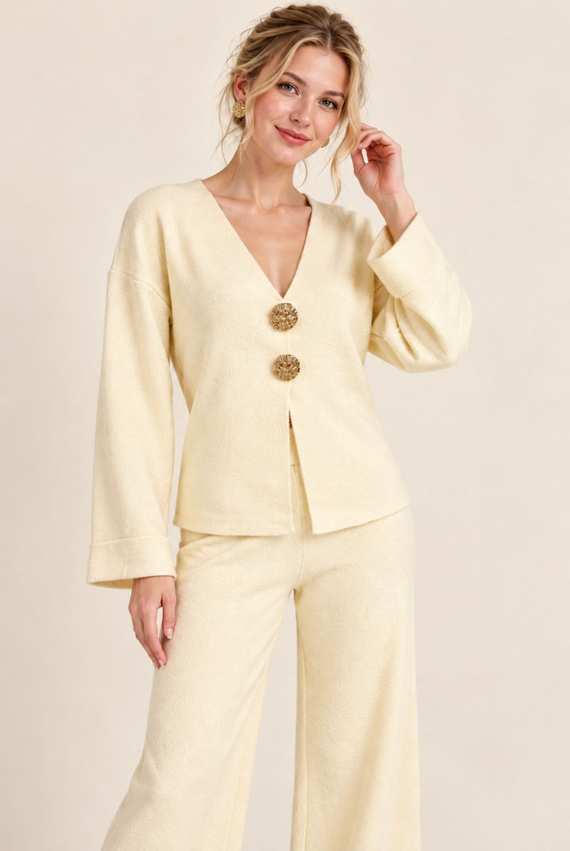Cream V-Neck Button Front Cardigan Wide Leg Trousers Set