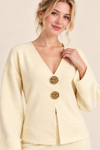 Cream V-Neck Button Front Cardigan Wide Leg Trousers Set