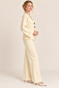 Cream V-Neck Button Front Cardigan Wide Leg Trousers Set