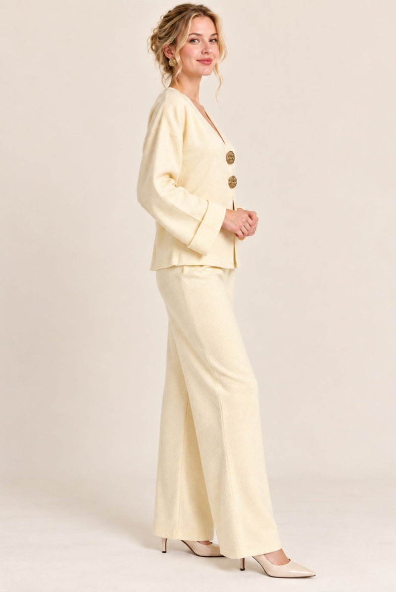 Cream V-Neck Button Front Cardigan Wide Leg Trousers Set