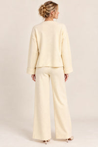 Cream V-Neck Button Front Cardigan Wide Leg Trousers Set