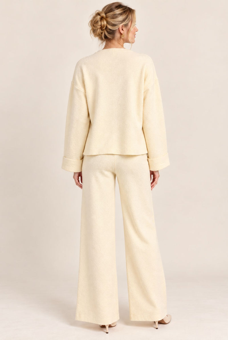 Cream V-Neck Button Front Cardigan Wide Leg Trousers Set