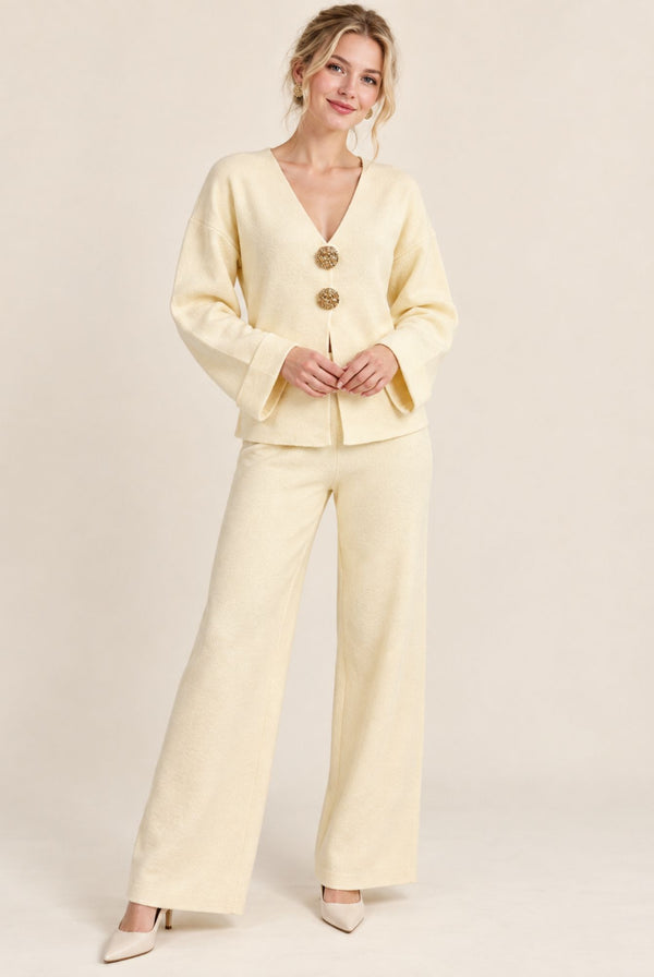 Cream V-Neck Button Front Cardigan Wide Leg Trousers Set