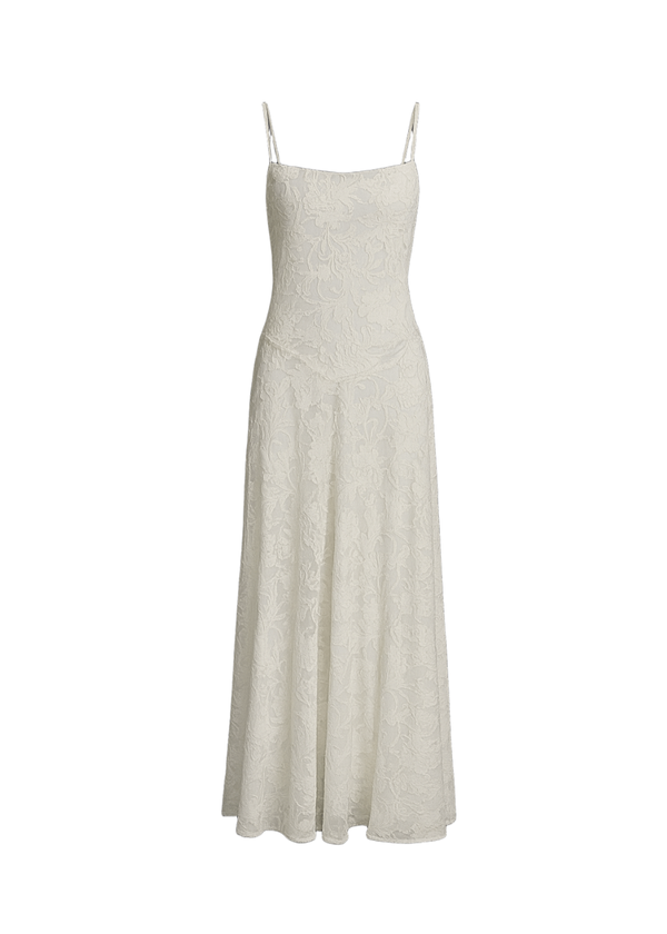 Cream A-Line Jacquard Thin Adjustable Straps Maxi Dress