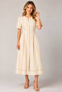 Cream Contrast Stitch Gathered Sleeve Midi Dress