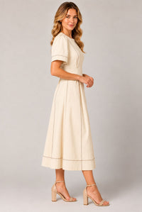 Cream Contrast Stitch Gathered Sleeve Midi Dress