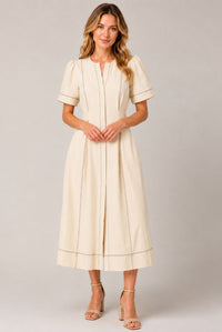 Cream Contrast Stitch Gathered Sleeve Midi Dress