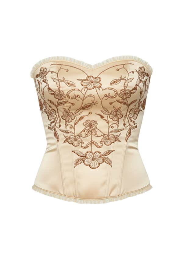 Cream Floral Embroidered Satin Bustier Corset Top