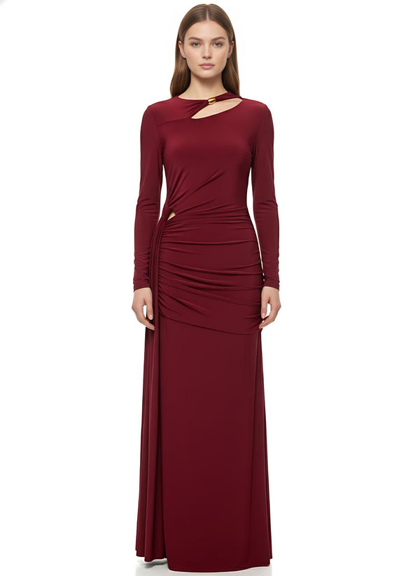 Burgundy Bodycon Cutout Neckline Maxi Dress With Ruched Detailing