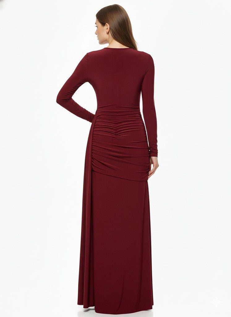 Burgundy Bodycon Cutout Neckline Maxi Dress With Ruched Detailing