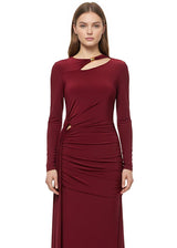 Burgundy Bodycon Cutout Neckline Maxi Dress With Ruched Detailing