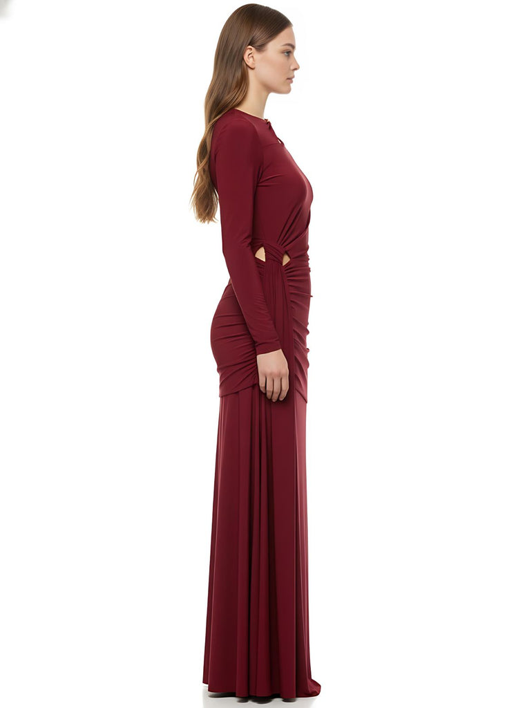 Burgundy Bodycon Cutout Neckline Maxi Dress With Ruched Detailing