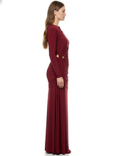 Burgundy Bodycon Cutout Neckline Maxi Dress With Ruched Detailing