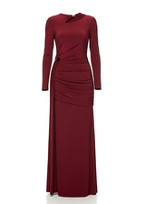 Burgundy Bodycon Cutout Neckline Maxi Dress With Ruched Detailing