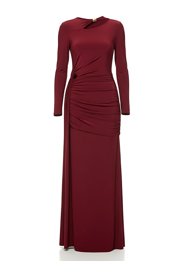 Burgundy Bodycon Cutout Neckline Maxi Dress With Ruched Detailing