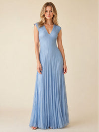Dusty Blue Pleated V-Neck Maxi Dress – Elegant Occasion Edition