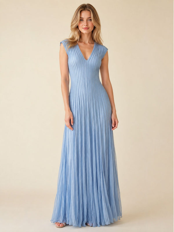 Dusty Blue Pleated V-Neck Maxi Dress – Elegant Occasion Edition