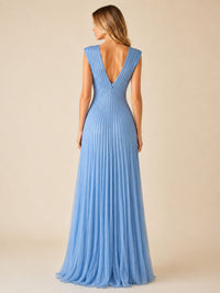 Dusty Blue Pleated V-Neck Maxi Dress – Elegant Occasion Edition