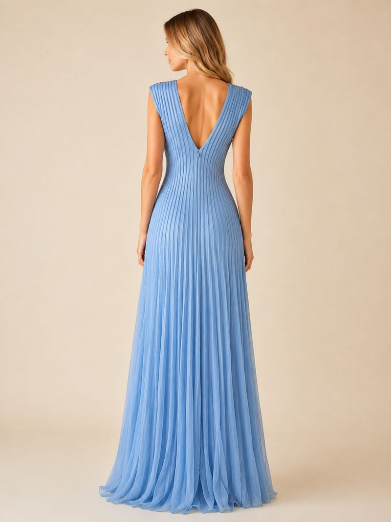 Dusty Blue Pleated V-Neck Maxi Dress – Elegant Occasion Edition