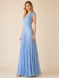 Dusty Blue Pleated V-Neck Maxi Dress – Elegant Occasion Edition