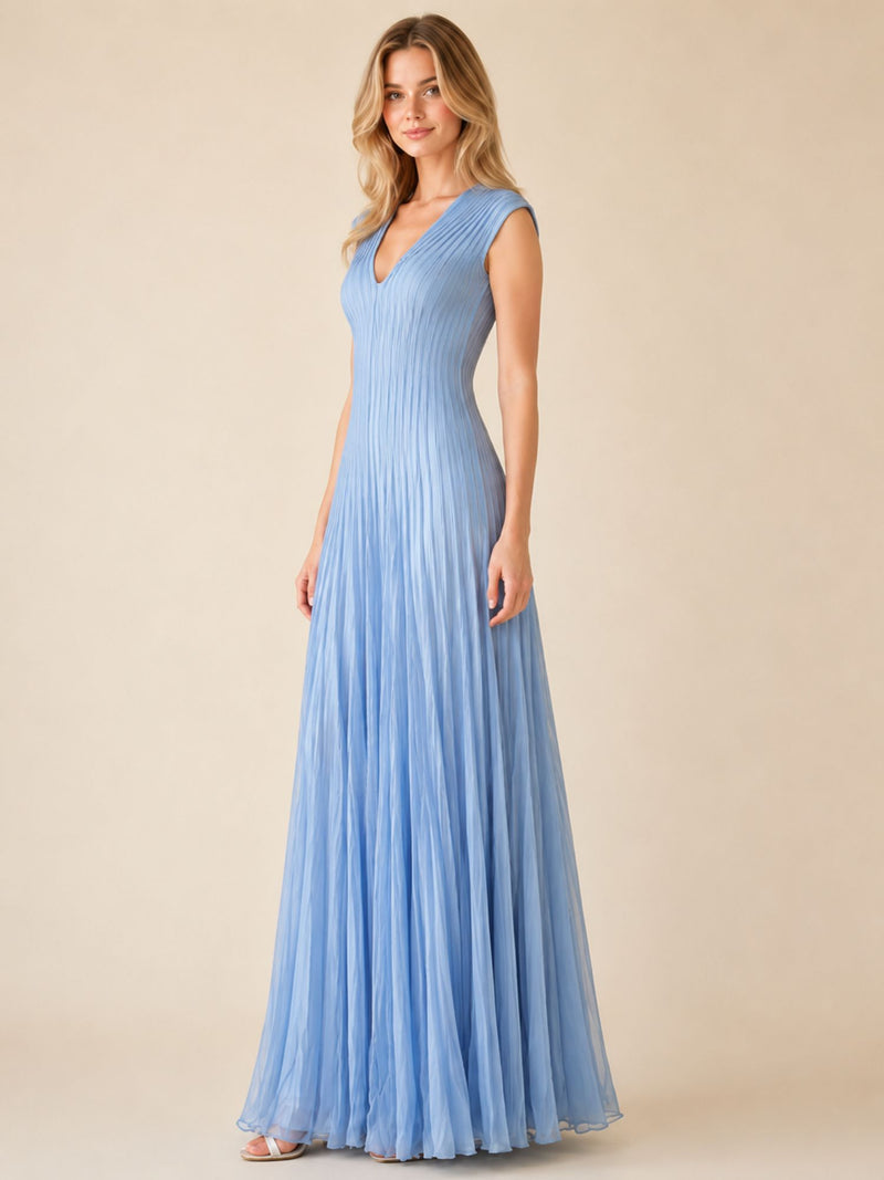 Dusty Blue Pleated V-Neck Maxi Dress – Elegant Occasion Edition