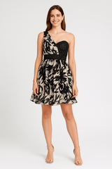 Black Beige Chiffon One Shoulder Evening Style Mini Dress