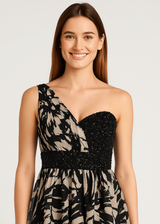 Black Beige Chiffon One Shoulder Evening Style Mini Dress