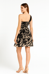 Black Beige Chiffon One Shoulder Evening Style Mini Dress
