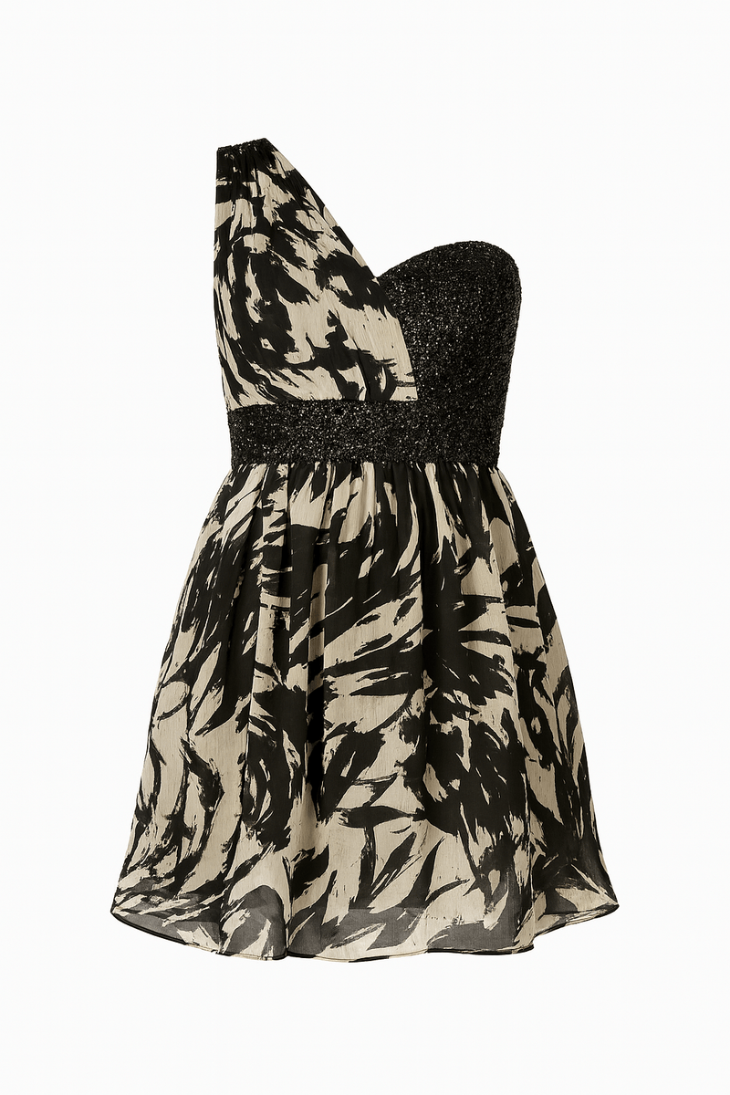 Black Beige Chiffon One Shoulder Evening Style Mini Dress