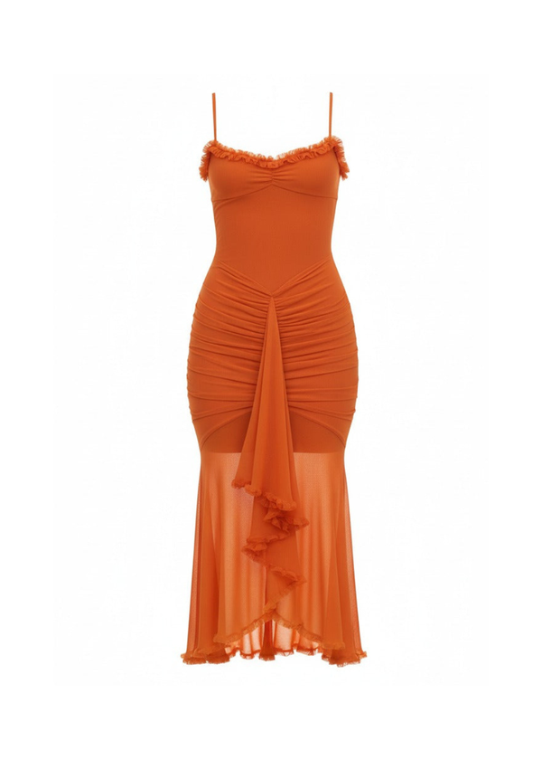 Pastel-Orange  Ruched Bodycon Mesh Midi Dress