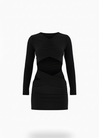 Avinci figure-hugging cut-out long sleeve mini dress front view black color