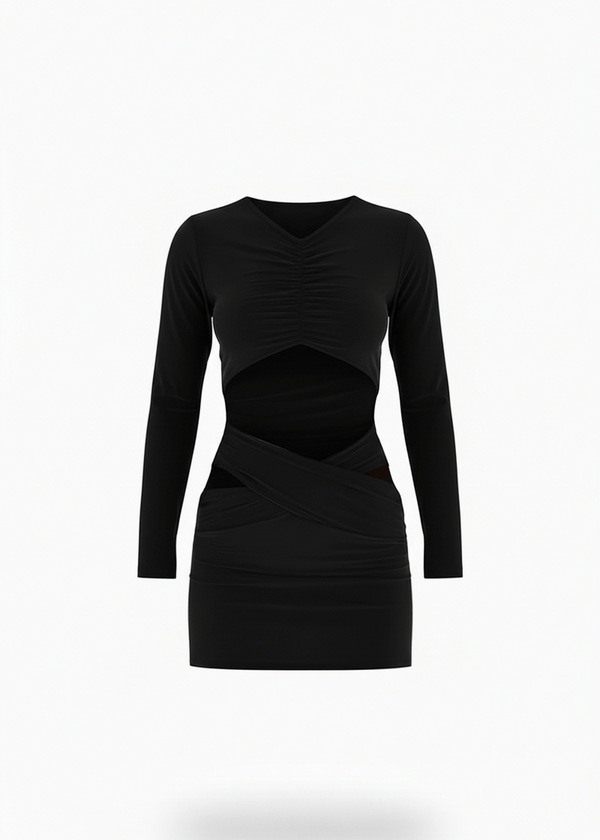 Avinci figure-hugging cut-out long sleeve mini dress front view black color