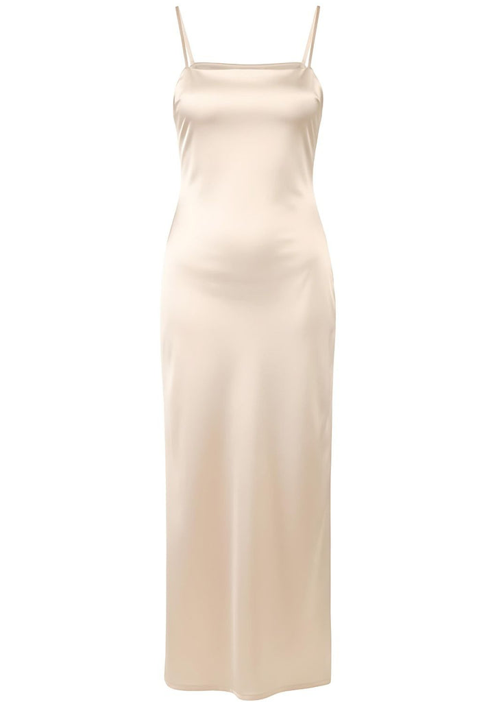 Flattering Fit Beige Silky Fabric Maxi Dress