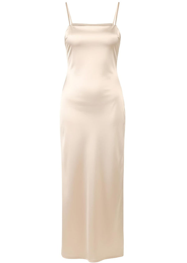 Flattering Fit Beige Silky Fabric Maxi Dress